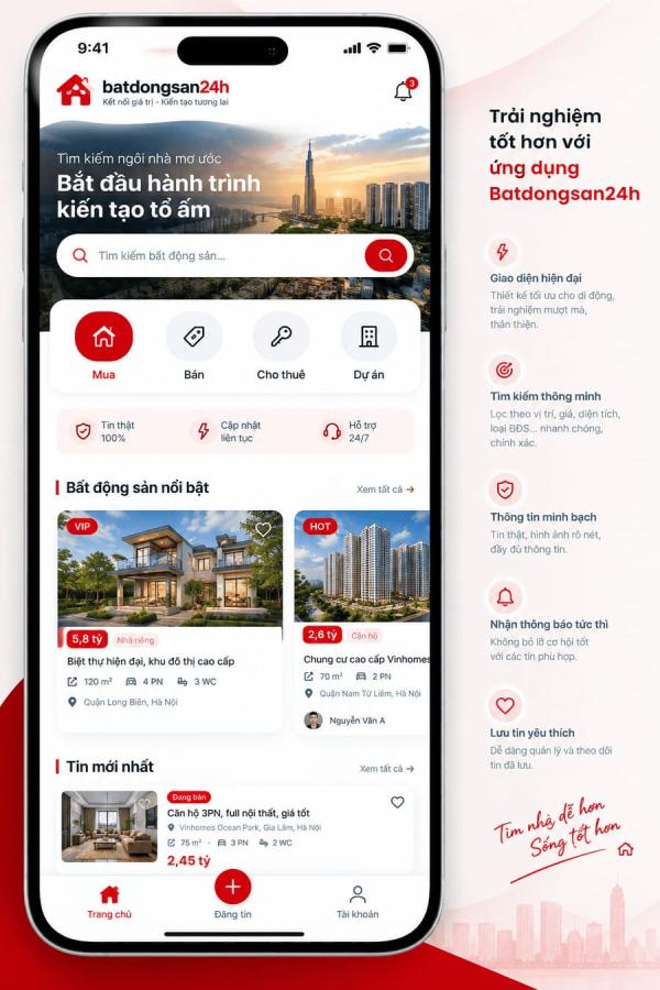 Hé lộ diện mạo App Batdongsan24h, tin đăng chuẩn thật - tìm nhà dễ dàng