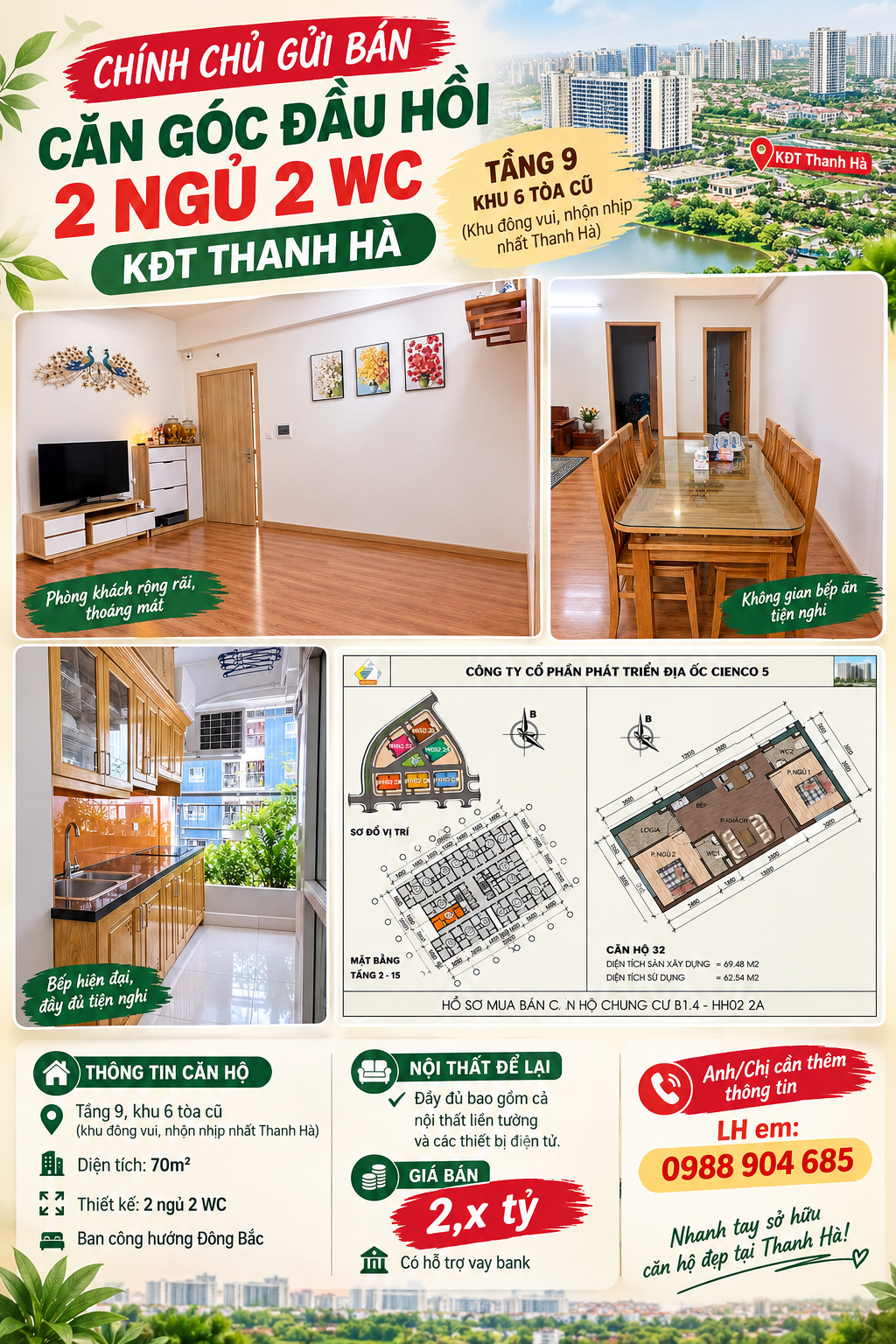 Chính Chủ Gửi Bán Căn Góc Đầu Hồi 2 Ngủ 2 Wc  KĐT Thanh Hà