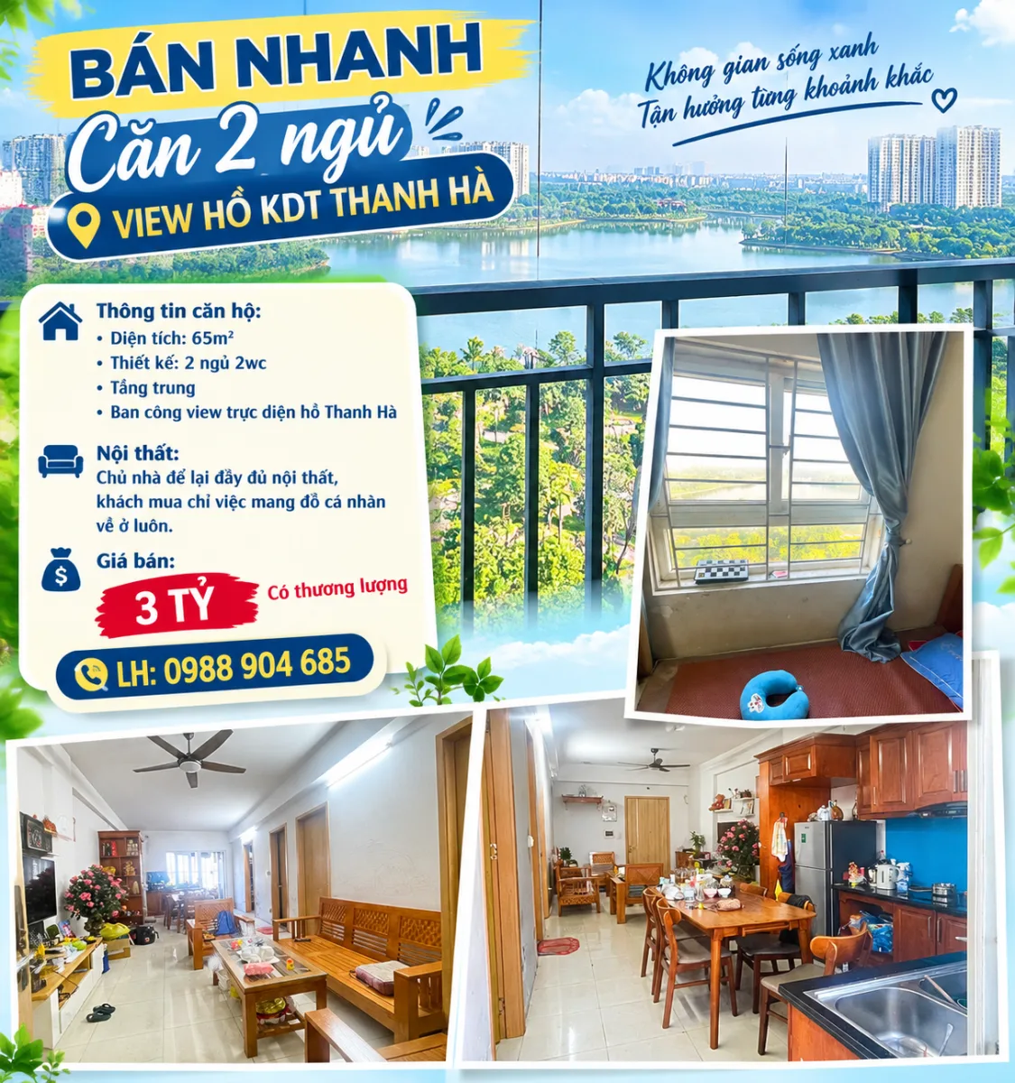 Bán Nhanh Căn 2 Ngủ View Trực Diện Hồ Thanh Hà Giá 3 Tỷ